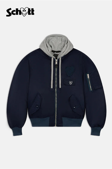 Blouson bomber à capuche Eschott Bleu marine à plat, de face, capuche grise amovible, zip et logo Schott