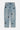 Pantalon Beleo Bleu Jean à plat, vu de face, denim clair délavé avec fleurs de lys noires brodées