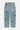 Pantalon Beleo Bleu Jean à plat, vu de dos, deux poches arrière et fleurs de lys noires brodées sur denim clair