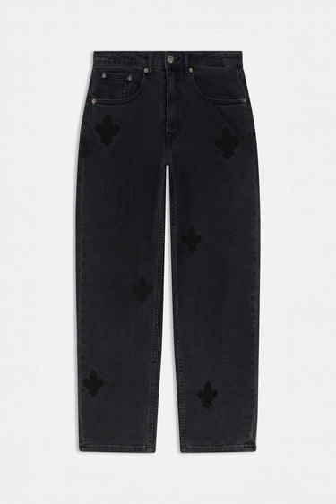 Pantalon Beleo Noir délavé à plat, vu de face, denim noir avec fleurs de lys brodées ton sur ton