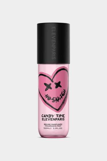 Brume parfumée Candy Time Eleven Paris 150 ml, flacon rose à bouchon noir, cœur smiley No Snitch, fond blanc