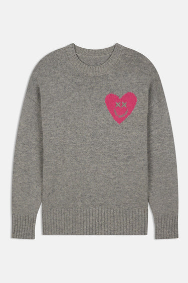 Pull col rond Edmo Gris à plat, de face, cœur rose smiley en jacquard sur la poitrine, bords côtes
