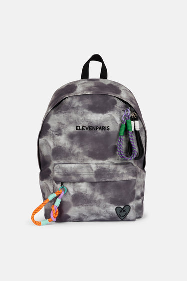 Sac à dos Egan Noir délavé vu de face, motif tie-dye gris, inscription ELEVENPARIS, cœur brodé et dragonnes colorées