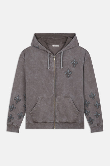 Sweat à capuche zippé Ejack Gris de face à plat, motifs fleur de lys sur la poitrine et les manches