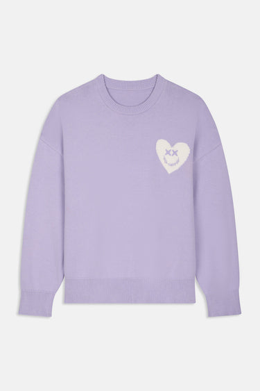 Pull Jedmo Lilas de face à plat, col rond, coeur écru avec visage smiley brodé sur la poitrine
