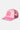 Casquette trucker Evander Rose de trois quarts, grande fleur de lys brodée, inscription New York sur la visière effilochée