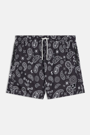 Maillot de bain Jibby Noir de face à plat, imprimé bandana paisley blanc, cordon écru et poches zippées