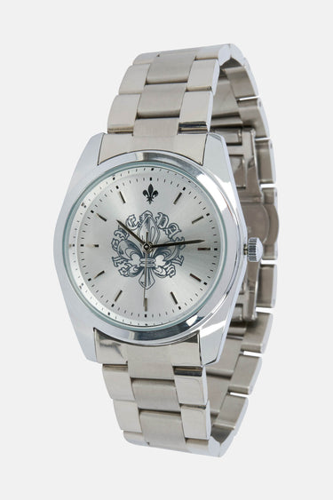 Montre Flamby Argent vue de trois quarts, bracelet en acier à maillons et cadran argenté orné d'une fleur de lys
