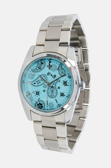 Montre Fito Turquoise vue de trois quarts, bracelet en acier à maillons et cadran turquoise paisley