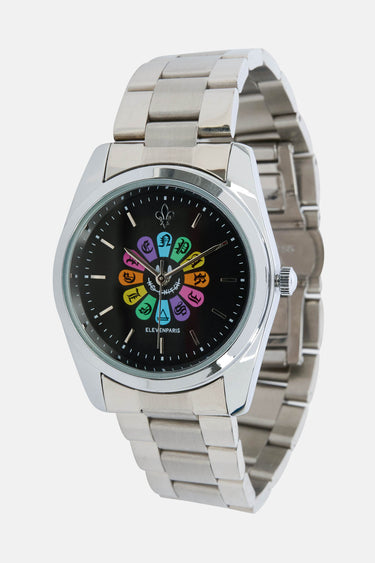 Montre Flappy Noir vue de trois quarts, bracelet acier à maillons et cadran noir à fleur multicolore