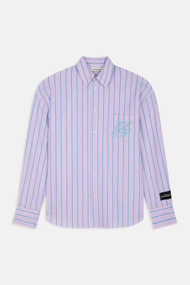 Chemise Juvaris Lilas à rayures bleu turquoise, de face à plat, broderie bleue sur la poche et étiquette à la manche