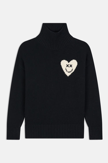 Pull Emile Noir à col montant de face à plat, maille épaisse, coeur écru avec visage smiley sur la poitrine