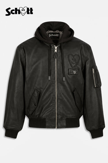 Blouson à capuche Eschott Cuir Noir de face à plat, écusson cœur brodé, poche zippée sur la manche