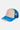 Casquette trucker Evander Bleu Clair, façade écrue brodée d'une fleur de lys rose, visière et filet bleu azur