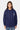 Sweat à capuche Evy Bleu Marine porté de face par une mannequin femme, trois cœurs smiley et cordons rayés