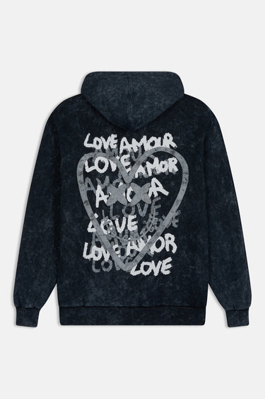 Sweat à capuche Evy Noir Délavé vu de dos à plat, grand cœur gris et inscriptions Love Amor blanches