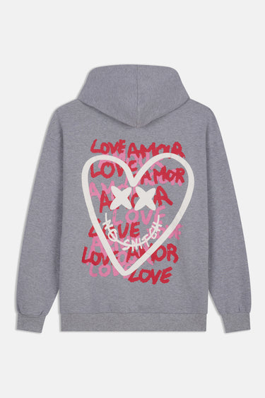 Sweat à capuche Evy Gris Chiné vu de dos à plat, grand cœur blanc et inscriptions Love Amor rouges