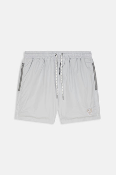 Maillot de bain Nibby Gris de face à plat, gris clair, cordon rayé, poches zippées grises et petit logo