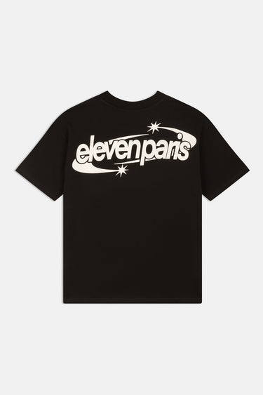 T-shirt Fabea Noir vu de dos à plat, grand logo Eleven Paris blanc orbité d'étoiles