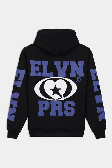 Sweat à capuche Fabian Noir vu de dos à plat, grand logo ELVN PRS bleu avec cœur et étoile blancs