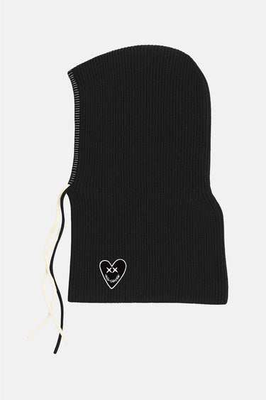 Accessoire Fanette Noir, cagoule en maille côtelée à plat, cordon écru et cœur smiley brodé