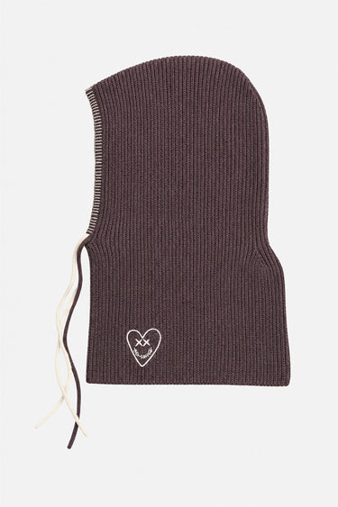 Accessoire Fanette Marron, cagoule en maille côtelée à plat, cordon écru et cœur smiley brodé