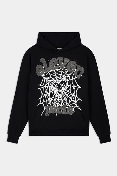Sweat à capuche Fanta Noir à plat sur fond blanc, vue de face, toile d'araignée blanche et inscription Eleven Paris strassée