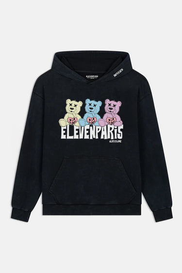 Sweat à capuche Faon Noir Délavé à plat, vue de face, trois oursons colorés et inscription ELEVENPARIS blanche