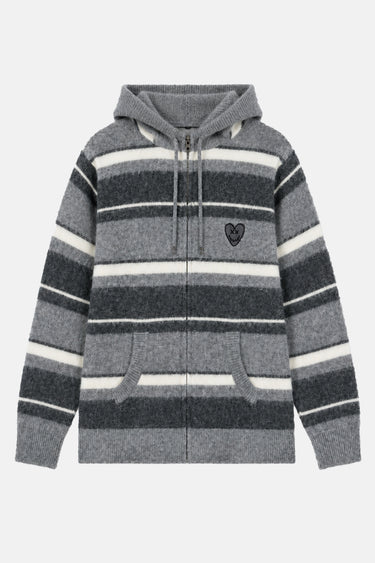Sweat zippé à capuche Japo Gris Chiné à plat, vue de face, rayures grises et blanches, cœur noir et poches kangourou