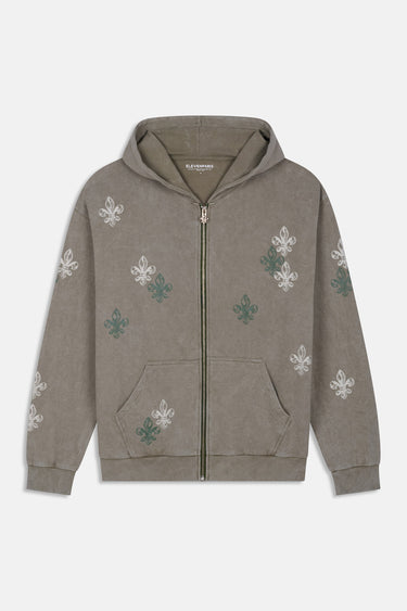 Sweat à capuche zippé Farell Kaki à plat, vue de face, motifs de fleurs de lys blancs et verts, poche kangourou