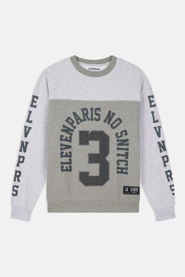 Sweat col rond Fatal Gris Chiné à plat, vue de face, bloc de gris, chiffre 3 et inscription ELEVENPARIS NO SNITCH