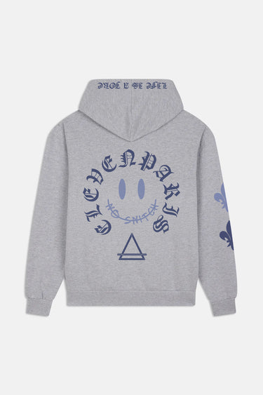 Sweat à capuche Fayot Gris Chiné à plat, vue de dos, smiley en lettrage gothique ELEVENPARIS bleu, fleur de lys