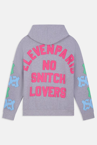 Sweat à capuche Fendy Gris Chiné à plat, vue de dos, inscription rose ELEVENPARIS NO SNITCH LOVERS, lettres bleues et vertes