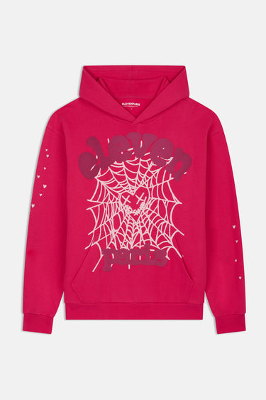 Sweat à capuche Fepito Rose à plat, vue de face, toile d'araignée rose clair et inscription Eleven Paris, cœurs aux manches