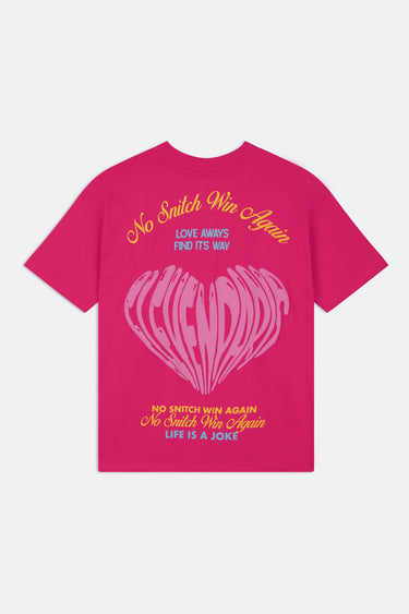 T-shirt Feremy Rose à plat, vue de dos, grand cœur en lettrage ELEVENPARIS et inscription No Snitch Win Again