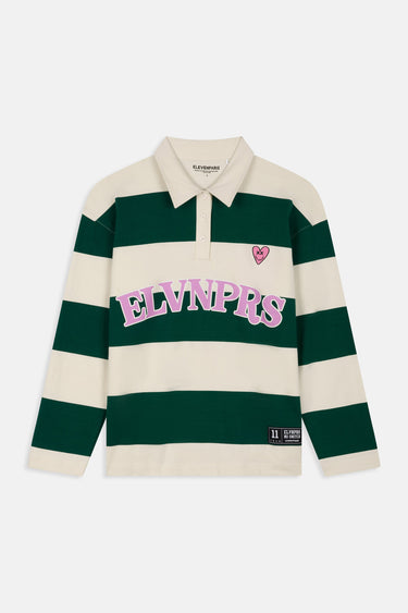 T-shirt polo à manches longues Feva Vert à plat, vue de face, rayures vertes et écrues, inscription ELVNPRS rose et cœur