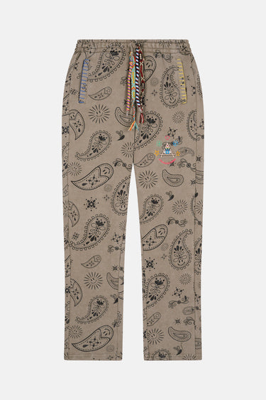 Pantalon Fiby Bandana Kaki à plat, vue de face, motif cachemire noir, cordons multicolores et écusson brodé