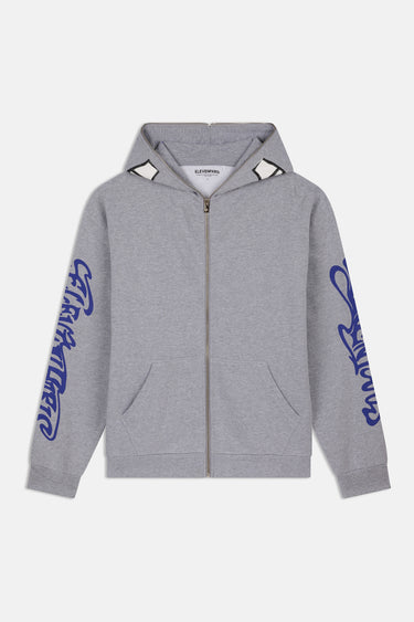 Sweat zippé à capuche Fidji Gris Chiné à plat, vue de face, lettrage bleu sur les manches, doublure de capuche blanche