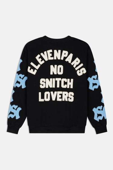 Sweat col rond Fifty Noir de dos à plat, inscription Eleven Paris No Snitch Lovers blanche et manches à lettrages bleus