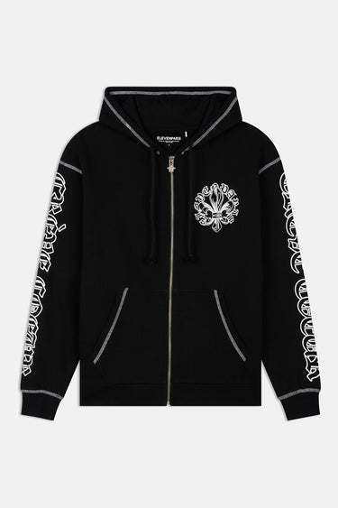 Sweat à capuche zippé Filona Noir de face à plat, surpiqûres grises, emblème fleur de lys et lettrage blanc sur les manches