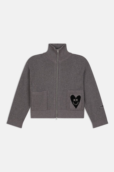 Cardigan zippé Finlande Gris de face à plat, deux poches plaquées dont une avec cœur noir à croix