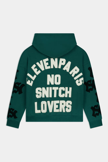 Sweat à capuche zippé Fizz Vert de dos à plat, inscription Eleven Paris No Snitch Lovers blanche, lettrages noirs aux manches