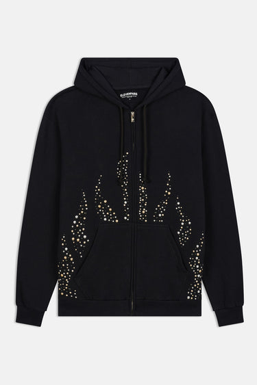 Sweat à capuche zippé Flarion Noir de face à plat, motif de flammes en strass et clous dorés sur le bas du devant