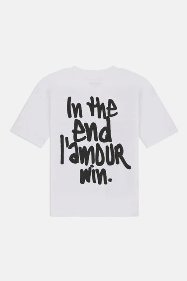 T-shirt Flaris Blanc de dos à plat, inscription noire manuscrite In the end l'amour win