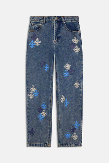 Pantalon Flex Bleu Jean de face à plat, denim délavé orné de fleurs de lys bleues et blanches