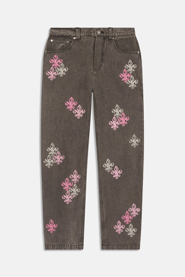 Pantalon Flex Gris de face à plat, denim gris brun orné de fleurs de lys roses et blanches