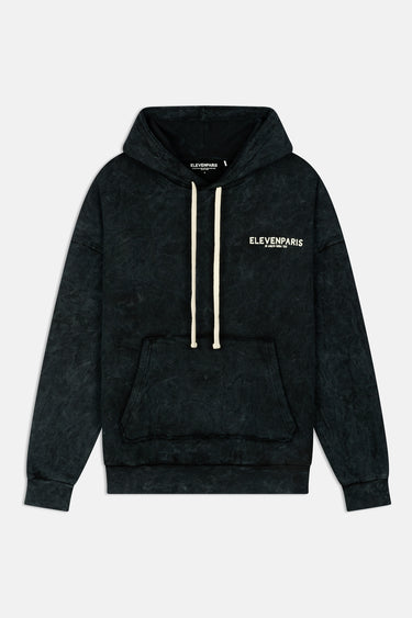 Sweat à capuche Fliper Noir Délavé de face à plat, effet délavé, cordons écrus, poche kangourou, logo Elevenparis blanc