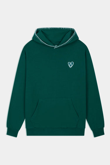 Sweat à capuche Flocon Vert de face à plat, bordure de capuche surpiquée blanche, petit cœur blanc sur la poitrine