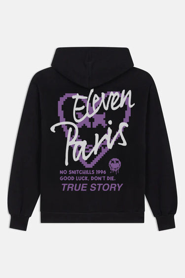 Sweat à capuche Flouze Noir de dos à plat, cœur pixel violet et inscription Eleven Paris True Story blanche