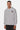 Sweat à capuche Focaccia Gris Chiné porté par un homme, de face, coeur noir et texte violet sur la poitrine